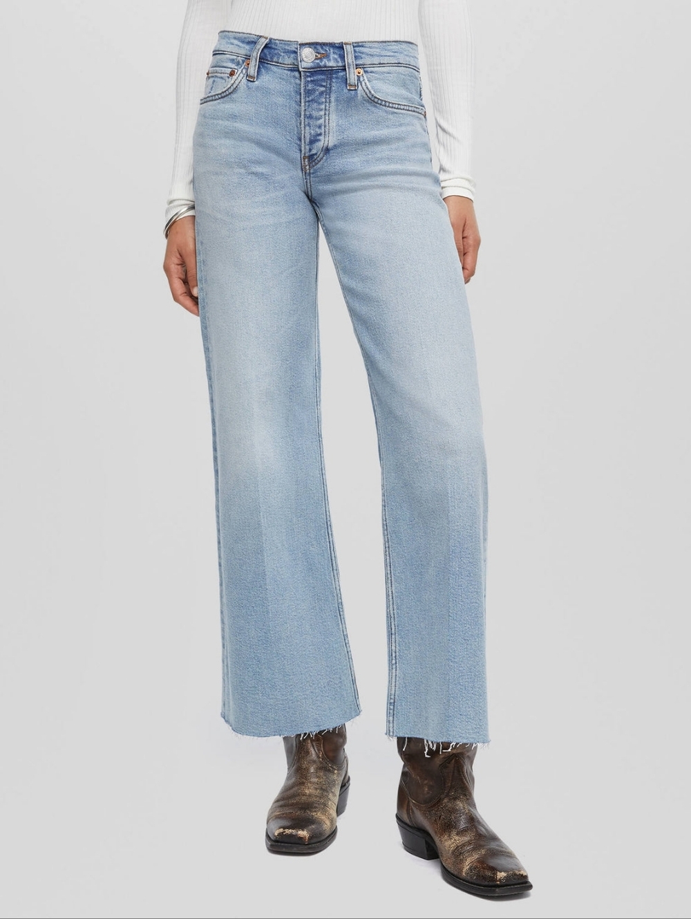 RE/DONE Blue Light Wash Denim Distressed Mid Rise Wide Leg Crop Jeans